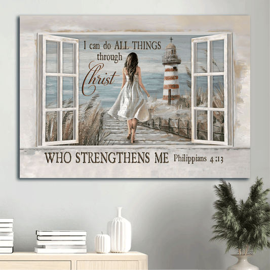 Jesus Landscape Canvas- Beautiful girl, Reeds field, Downward stairs, Lighthouse canvas- Gift for Christian-  I can do