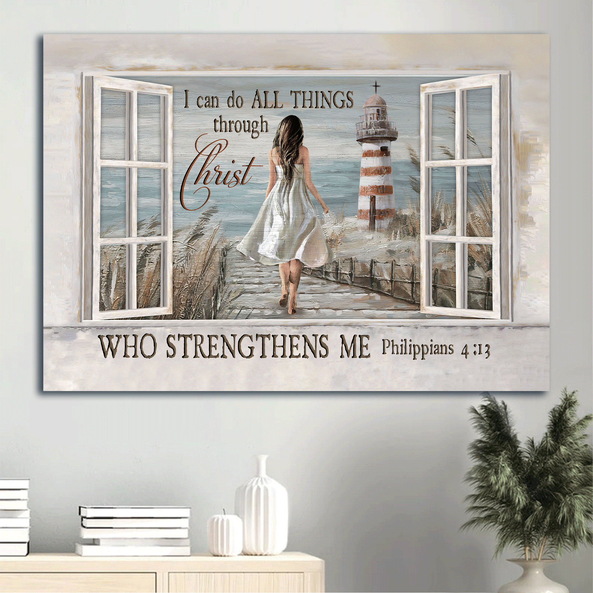 Jesus Landscape Canvas- Beautiful girl, Reeds field, Downward stairs, Lighthouse canvas- Gift for Christian-  I can do