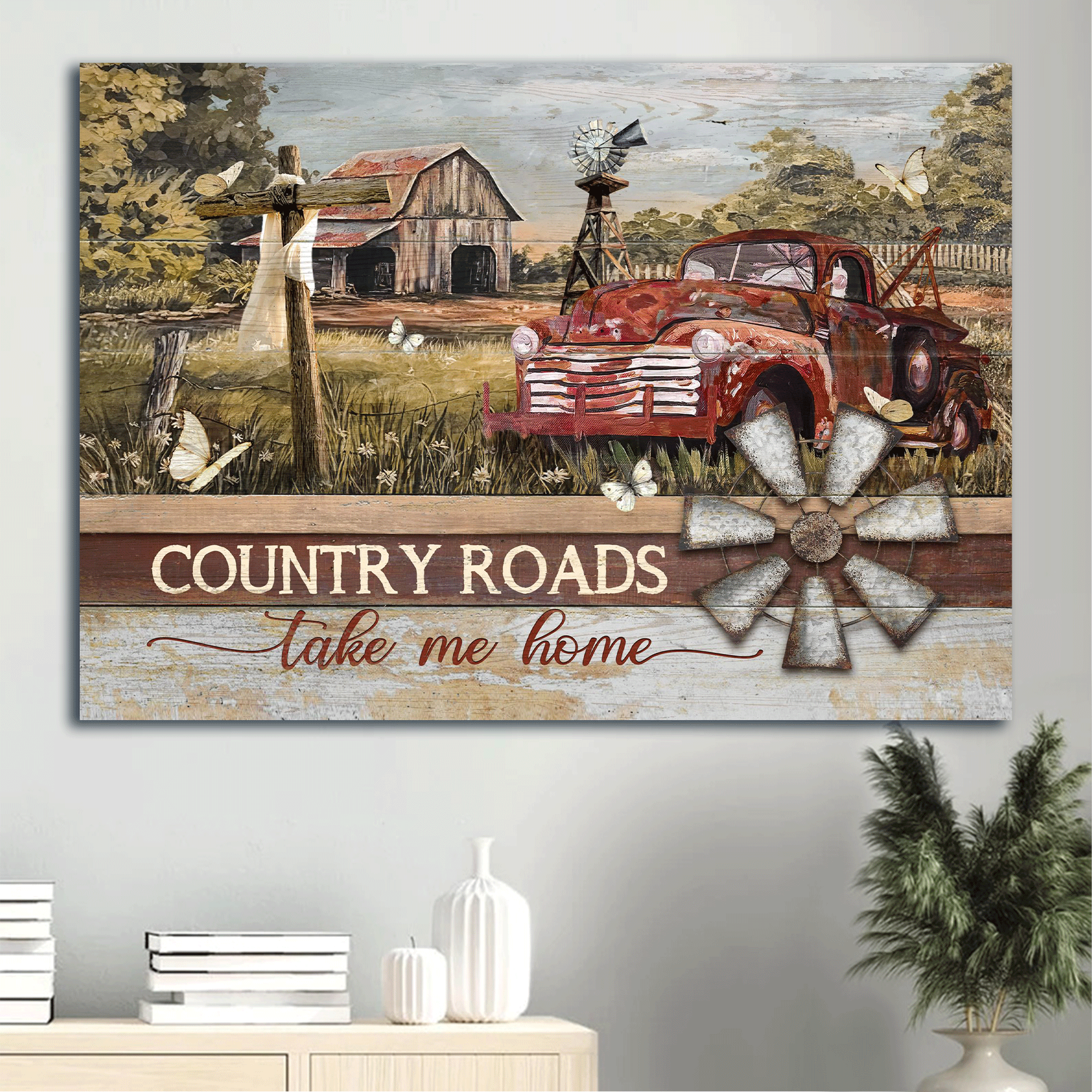 Jesus Landscape Canvas - Old ladybug car, Wooden cross, Rice field Landscape Canvas - Gift For Christian - Country roads take me home Landscape Canvas