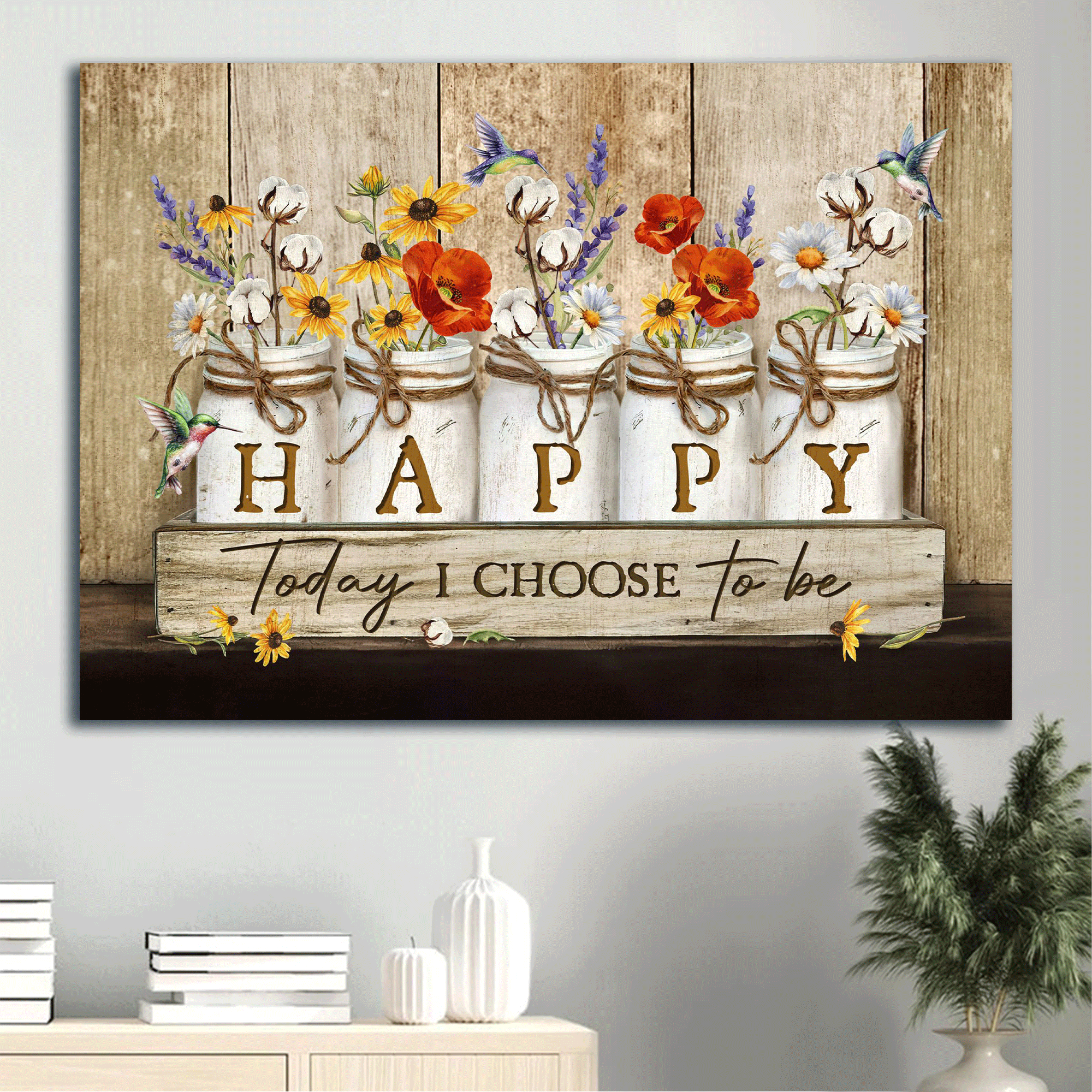 Jesus Landscape Canvas- Beautiful hummingbird, Rustic background, Color flowers canvas- Gift for Christian- Today I choose happy