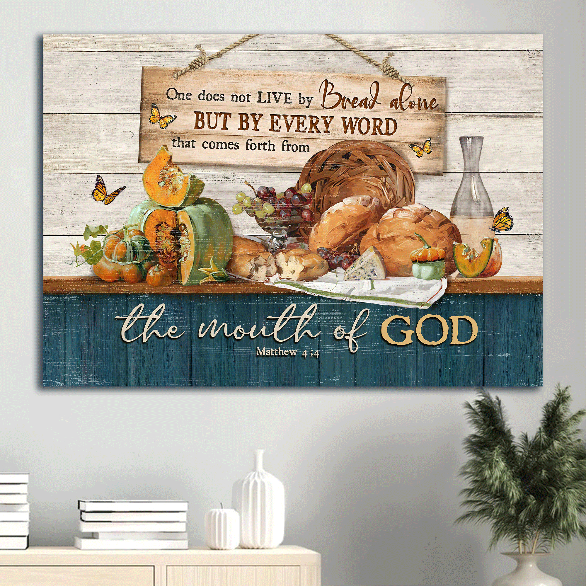 Jesus Landscape Canvas - Bible verse, Food drawing, Monarch butterfly Landscape Canvas - Gift For Christian - One does not live by bread alone