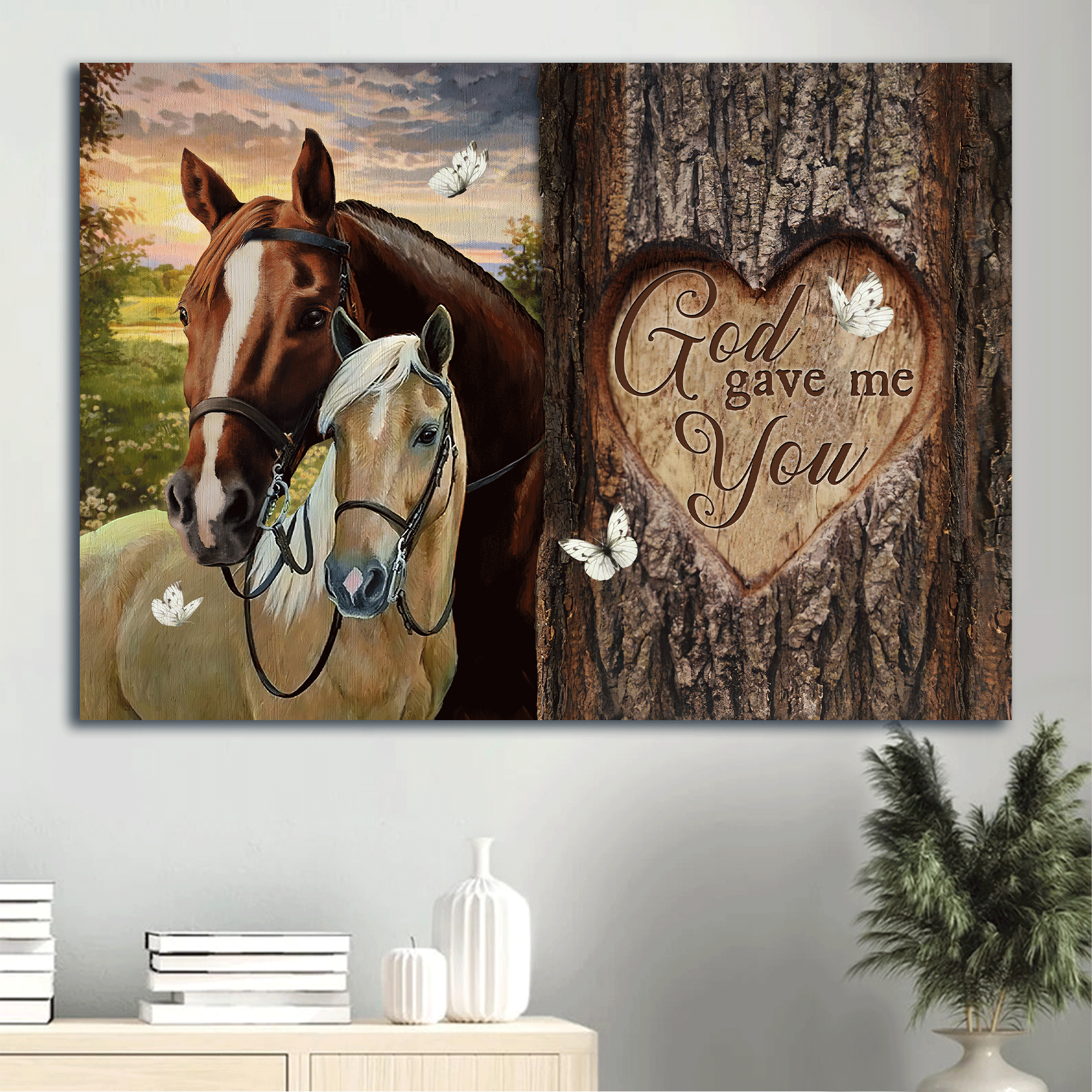 Jesus Landscape Canvas - Stunning Horse, Colorful Sunset, White Butterfly Canvas - Gift For Christian - God Gave Me You Canvas