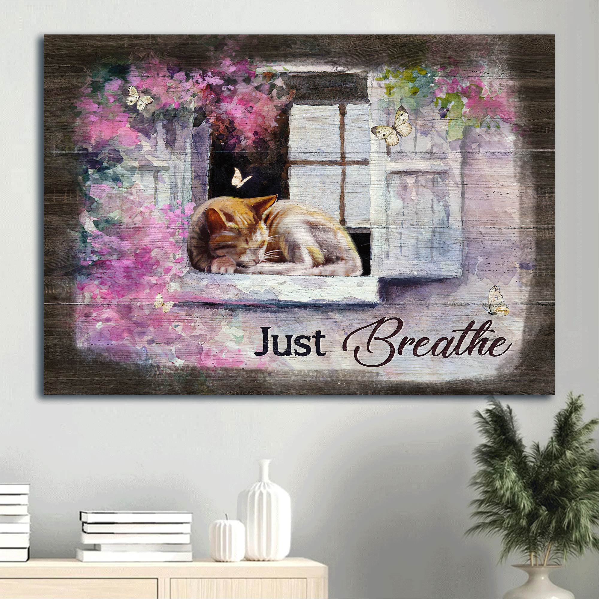 Jesus Landscape Canvas - Pink flower garden, Little cat, White butterfly Landscape Canvas - Gift For Christian - Just breathe Landscape Canvas