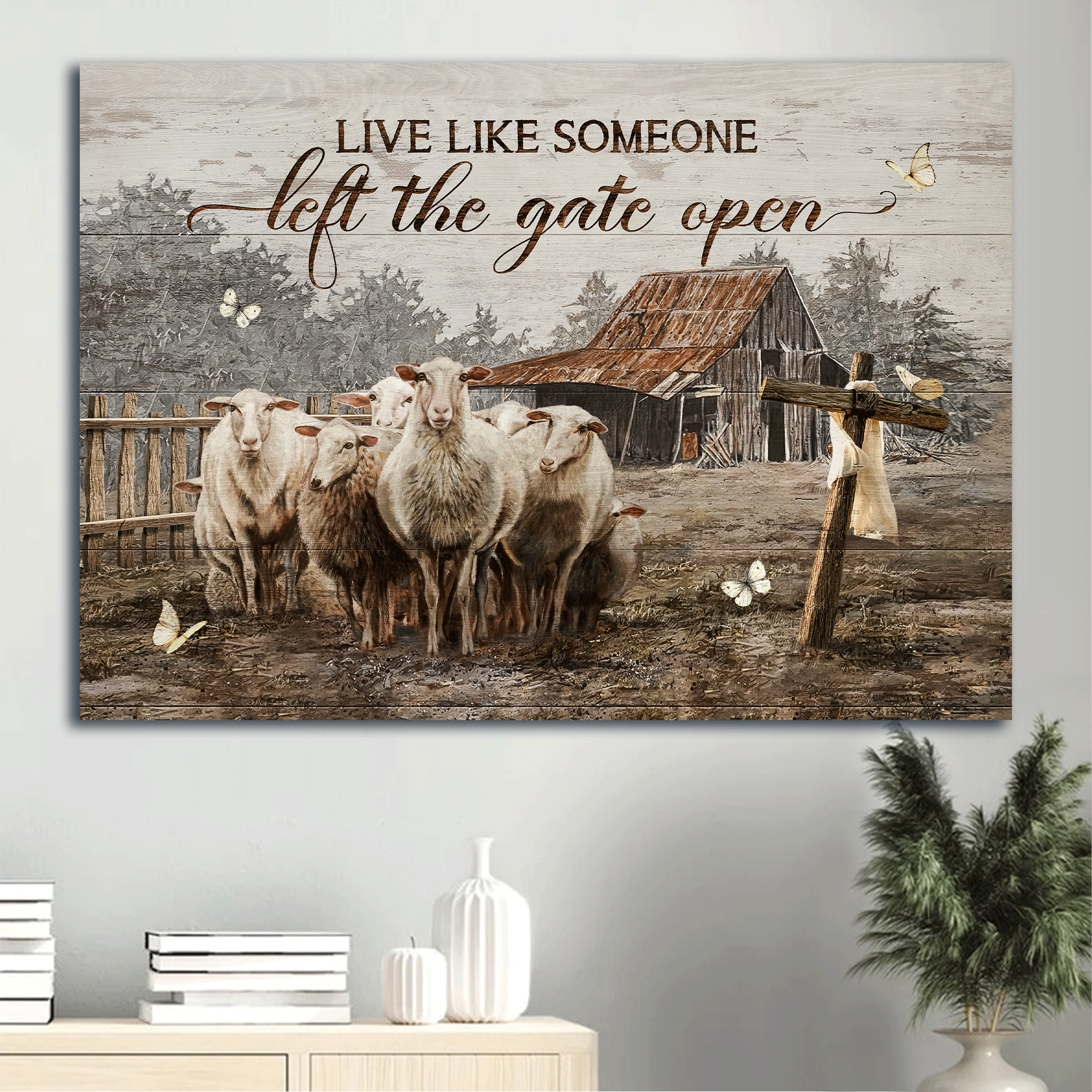 Jesus Landscape Canvas- Beautiful goat painting, Farm drawing, Wooden cross, White butterfly canvas- Gift for Christian- Live like someone left the gate open