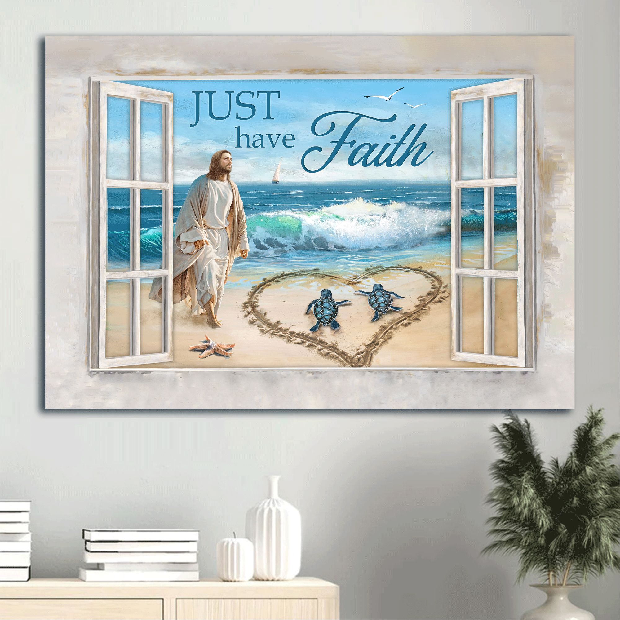 Jesus Landscape Canvas - Jesus drawing, Heart shape, Sea turtle Landscape Canvas - Gift For Christian - Just have faith Landscape Canvas