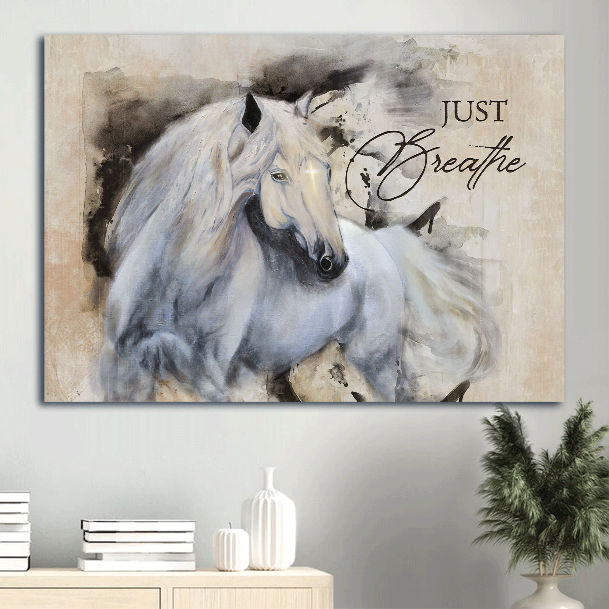 Jesus Landscape Canvas- Beautiful horse painting, White background, Small cross canvas- Gift for Christian- Just breathe