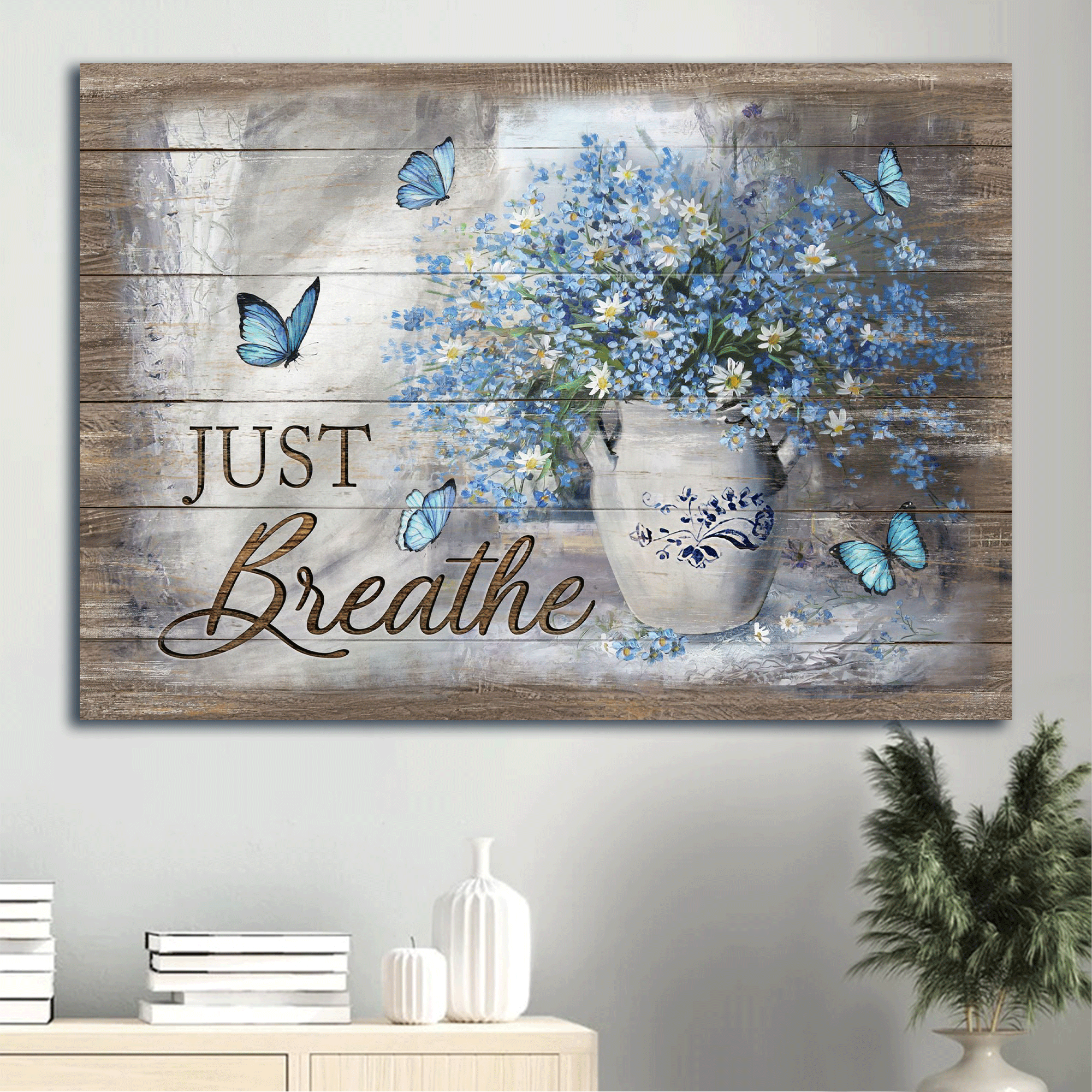 Jesus Landscape Canvas - Blue flower vase, Daisy drawing, Blue butterfly, Vintage painting Landscape Canvas - Gift For Christian - Just breathe Landscape Canvas