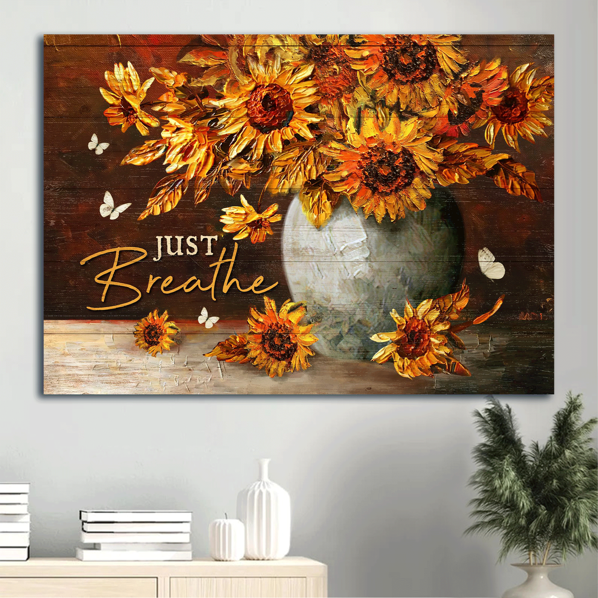 Jesus Landscape Canvas - Sunflower Painting, White butterfly, Motivational quote Landscape Canvas - Inspirational gift, Gift For Religious Christian - Just breathe