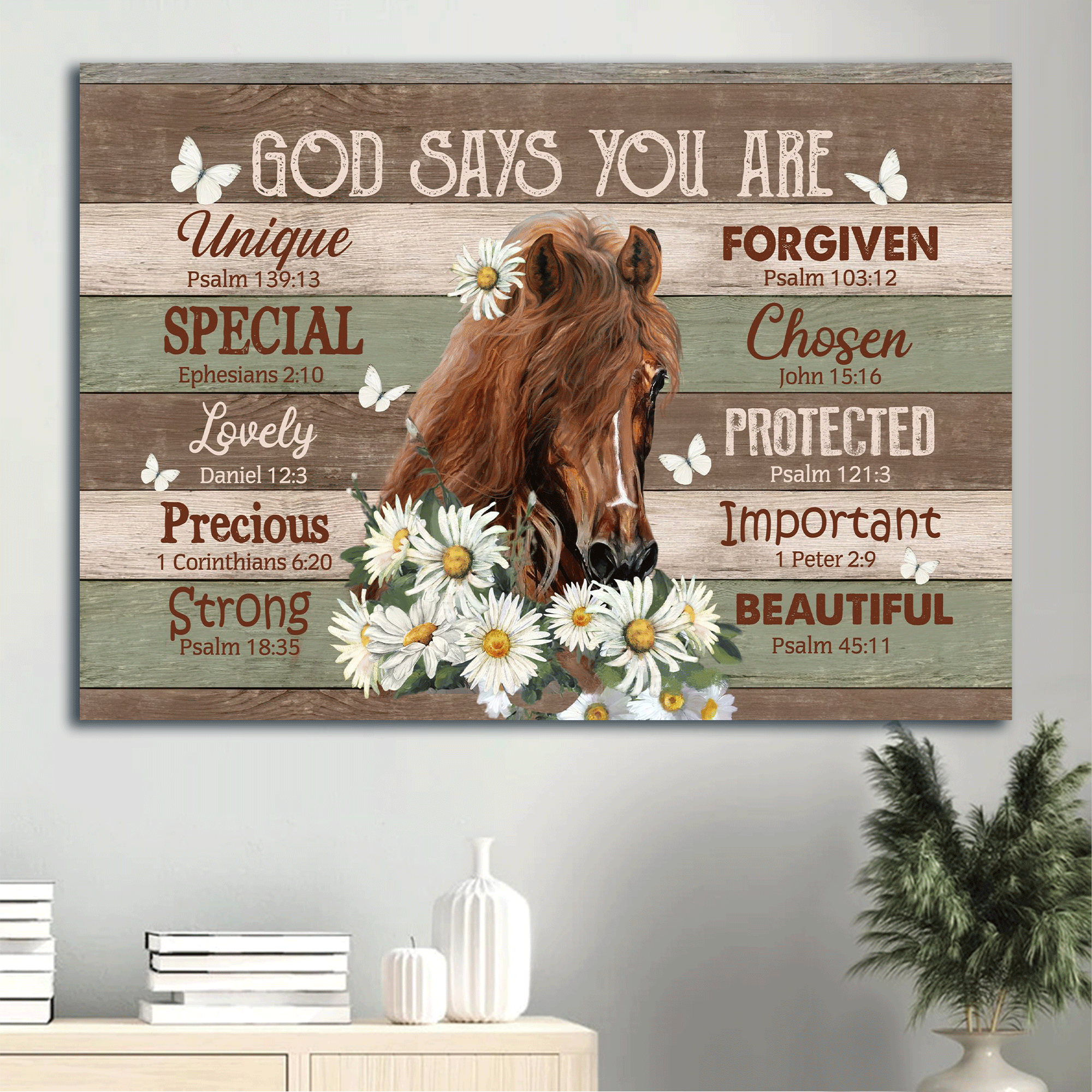 Jesus Landscape Canvas- Beautiful horse, Daisy flower, Butterfly canvas- Gift for Christian- God says you are