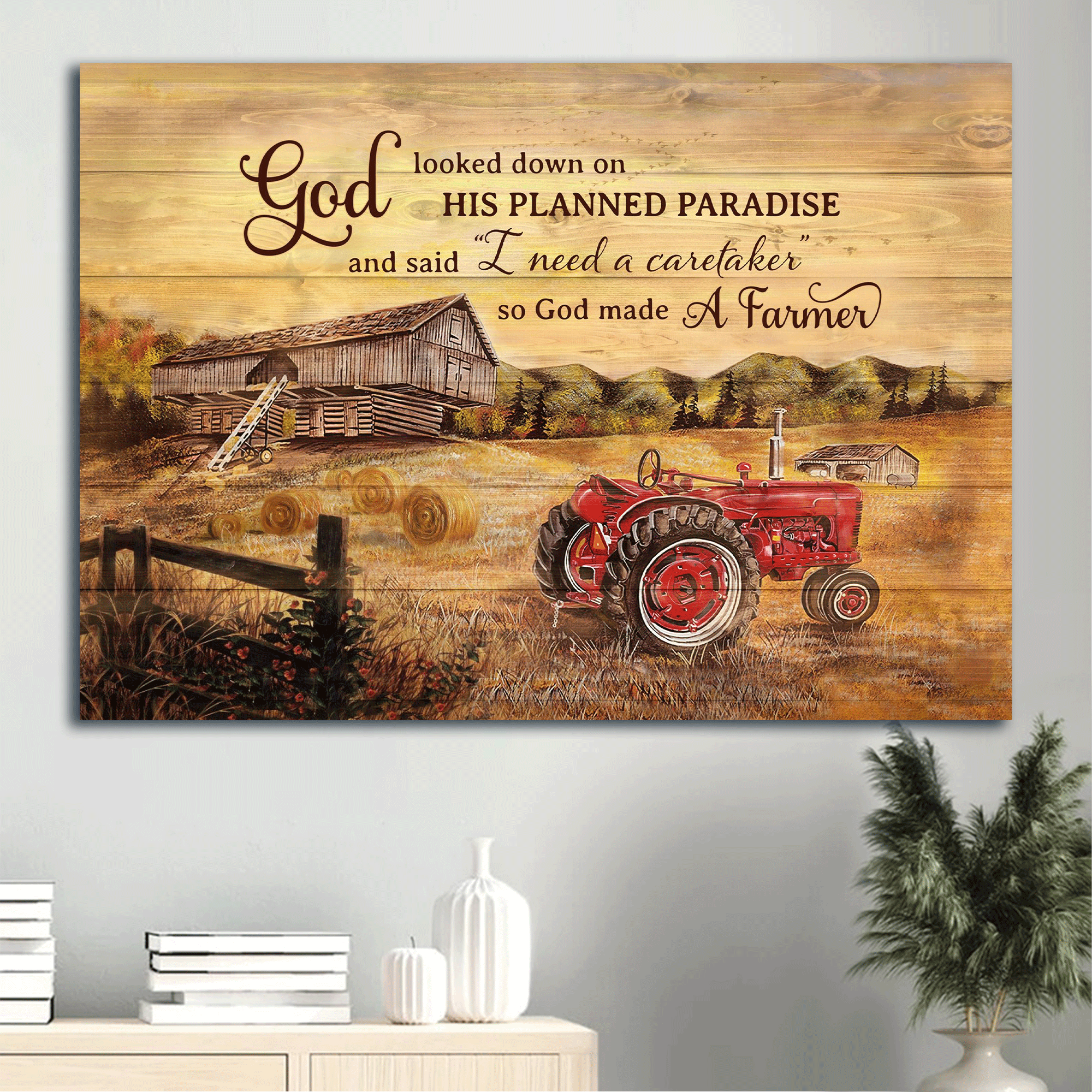 Jesus Landscape Canvas - Paddy Field, Electric Tricycle, Old Barn Painting Landscape Canvas - Gift For Christian - So God made a farmer Landscape Canvas