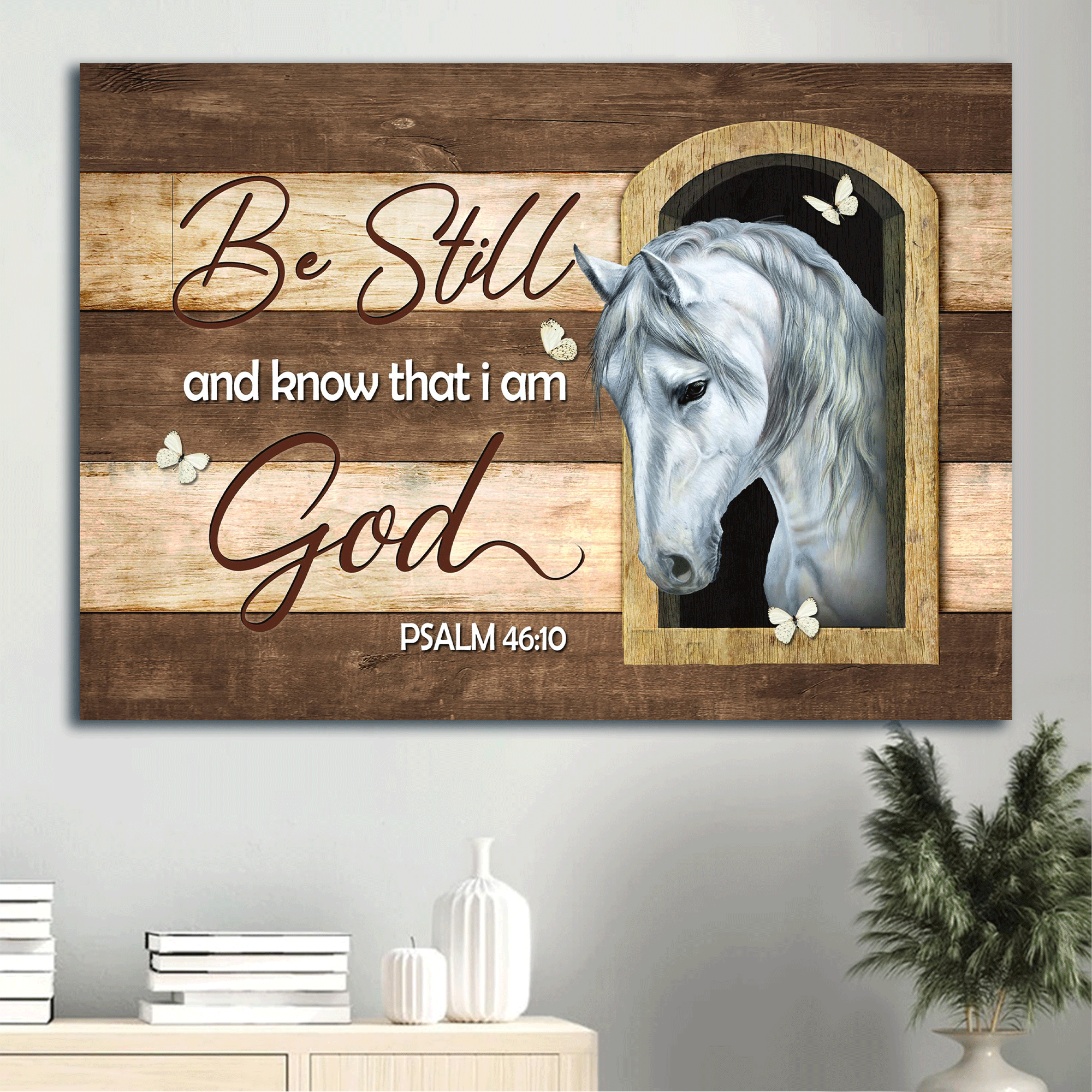 Jesus Landscape Canvas - Beautiful white horse, Small window, Butterfly Landscape Canvas - Gift For Christian - Be still and know that I am God