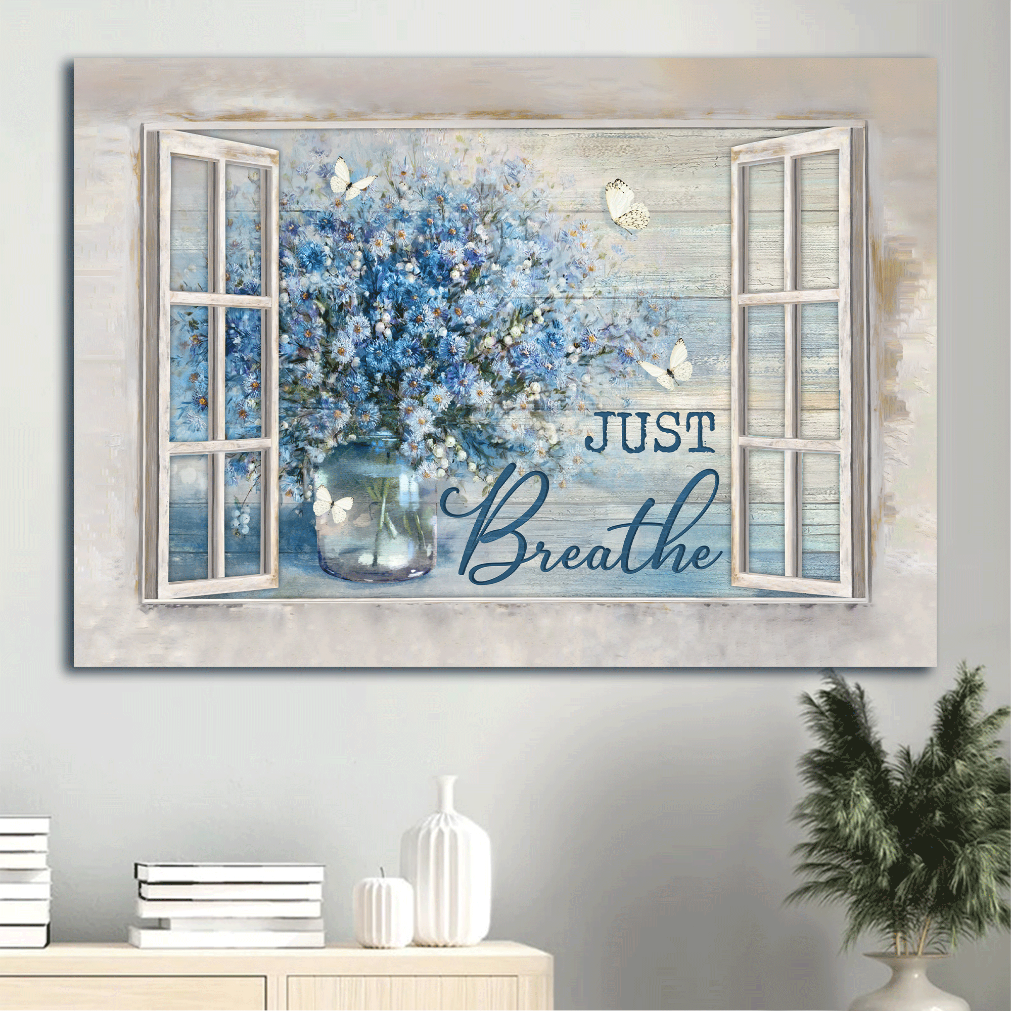 Jesus Landscape Canvas- Blue daisy vase, Crystal vase, White butterfly, Just breathe canvas- Gift for Christian- Landscape Canvas Prints, Christian Wall Art