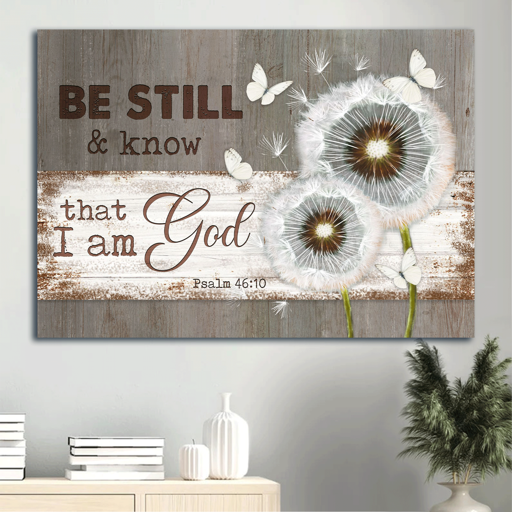 Jesus Landscape Canvas- Dandelion, White butterflies, Vintage Painting canvas- Gift for Christian- Be still and know that I am God