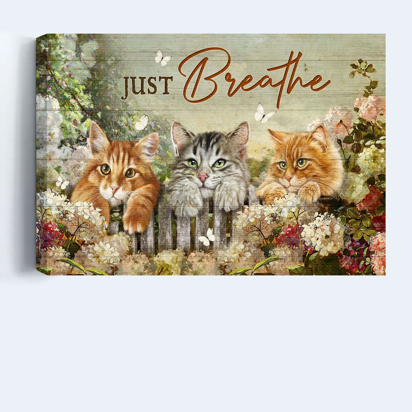 Jesus Landscape Canvas - Adorable Cat, Stunning Flower Garden Amazing White Butterfly Landscape Canvas - Gift For Religious Christian - Just Breathe