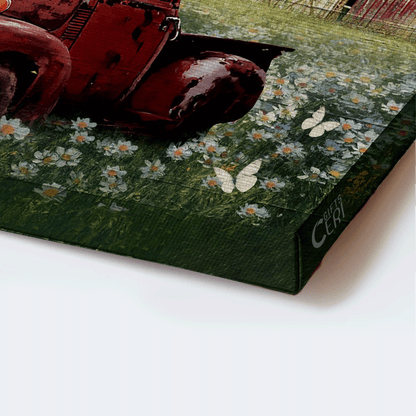 Jesus Landscape Canvas - Stunning Daisy Field, Old Red Truck, White Butterfly Canvas - Gift For Christian - We Will Serve The Lord Canvas