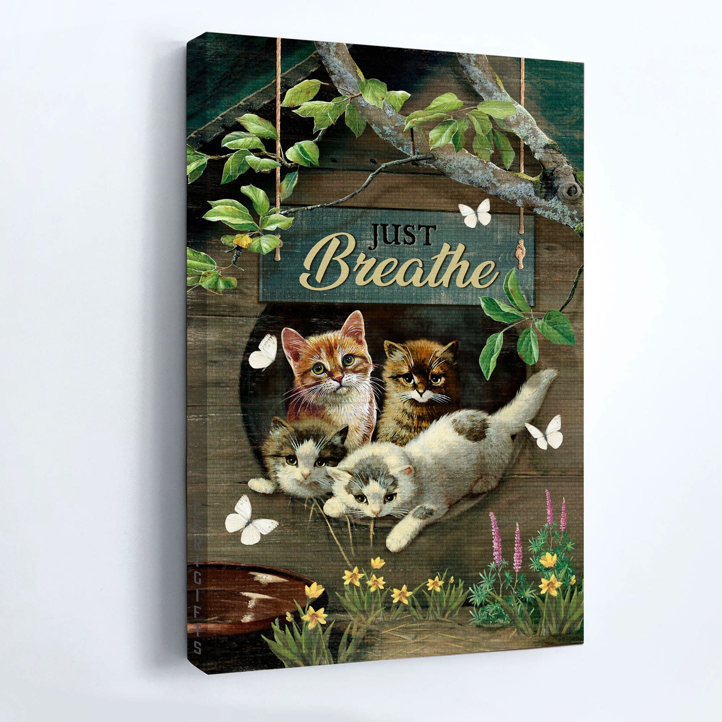 Jesus And Cat Portrait Canvas - Wooden Cat House, Adorable Kitten, Peaceful Garden Canvas - Gift For Christian, Cat Lovers - Just Breathe