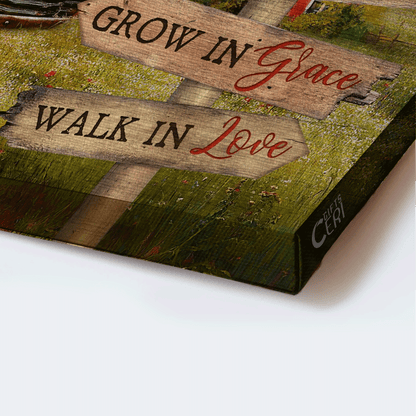 Jesus Landscape Canvas- Beautiful horse drawing, Red house canvas- Gift for Christian- Live by faith grow in grace walk in love