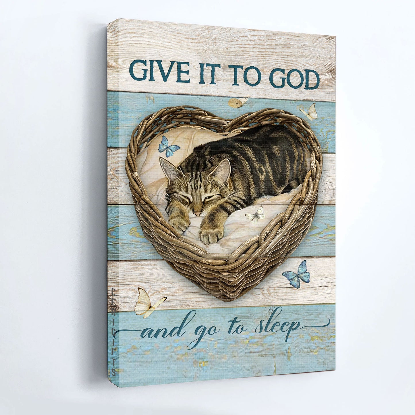 Jesus And Cat Portrait Canvas - Sweet Dream, Little Cat, Blue Butterfly Canvas - Gift For Christian, Cat Lovers - Give It To God And Go To Sleep Canvas