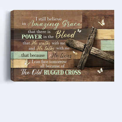 Jesus Landscape Canvas - Antique cross, Wooden background, Butterfly Landscape Canvas - Gift For Christian - I still believe in amazing grace