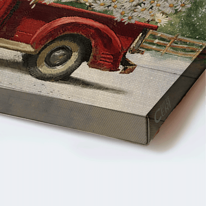 Jesus Landscape Canvas- Daisy flower, Red truck drawing, Red cardinal canvas- Gift for Christian- Bloom where you are planted