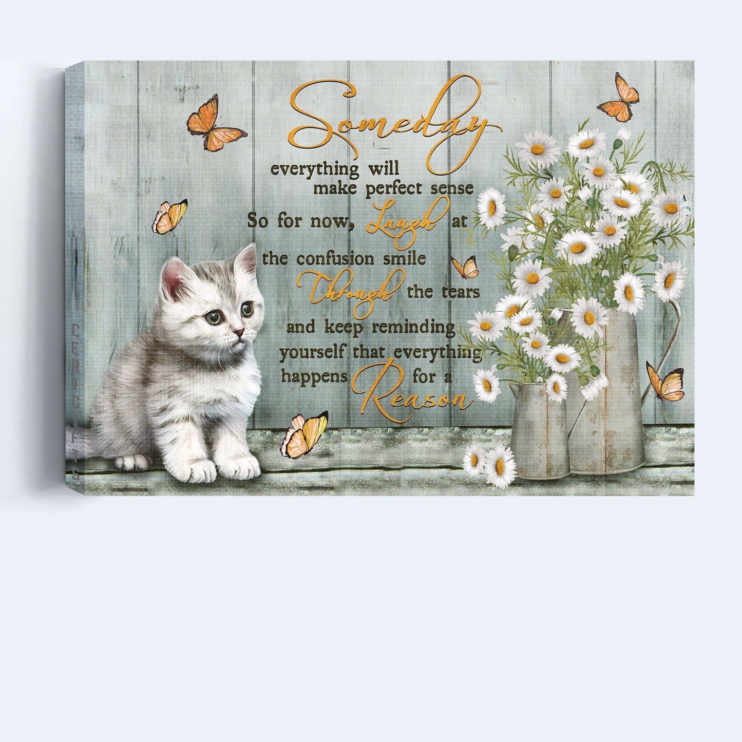 Jesus And Cat Landscape Canvas - White Cat, Pretty Daisy Vase Canvas - Gift For Christian, Cat Lovers - Someday Everything Will Make Perfect Sense