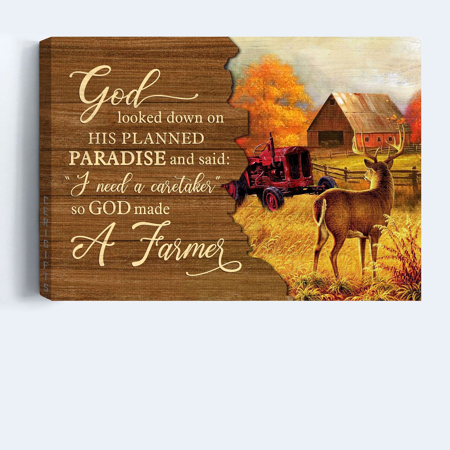 Jesus Landscape Canvas - Autumn farm, Deer, Red Tractor Landscape Canvas - Gift For Christian - God need a caretaker so he made a farmer