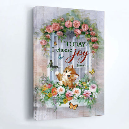 Jesus And Cat Portrait Canvas - Vintage Window Flower Box, Colorful Butterflies, Cute Kitten Canvas - Gift For Christian, Cat Lovers - Today I Choose Joy Canvas