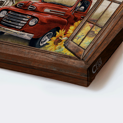 Jesus Landscape Canvas - Sunflower Farm, Red Ladybug Car, Vintage House, Window Frame Canvas - Gift For Christian - I Still Believe In Amazing Grace Canvas