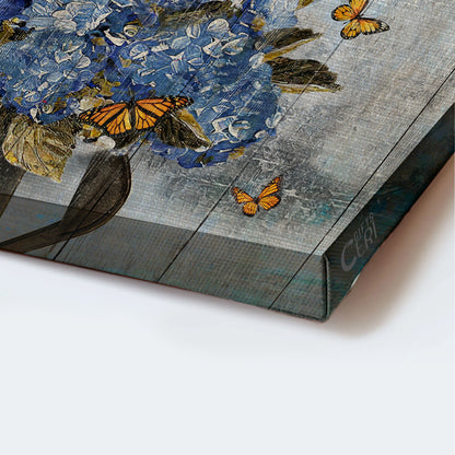 Jesus Landscape Canvas - Blue hydrangea, Monarch butterfly Landscape Canvas - Gift For Christian - Butterflies are the heaven sent kisses of an angel Landscape Canvas