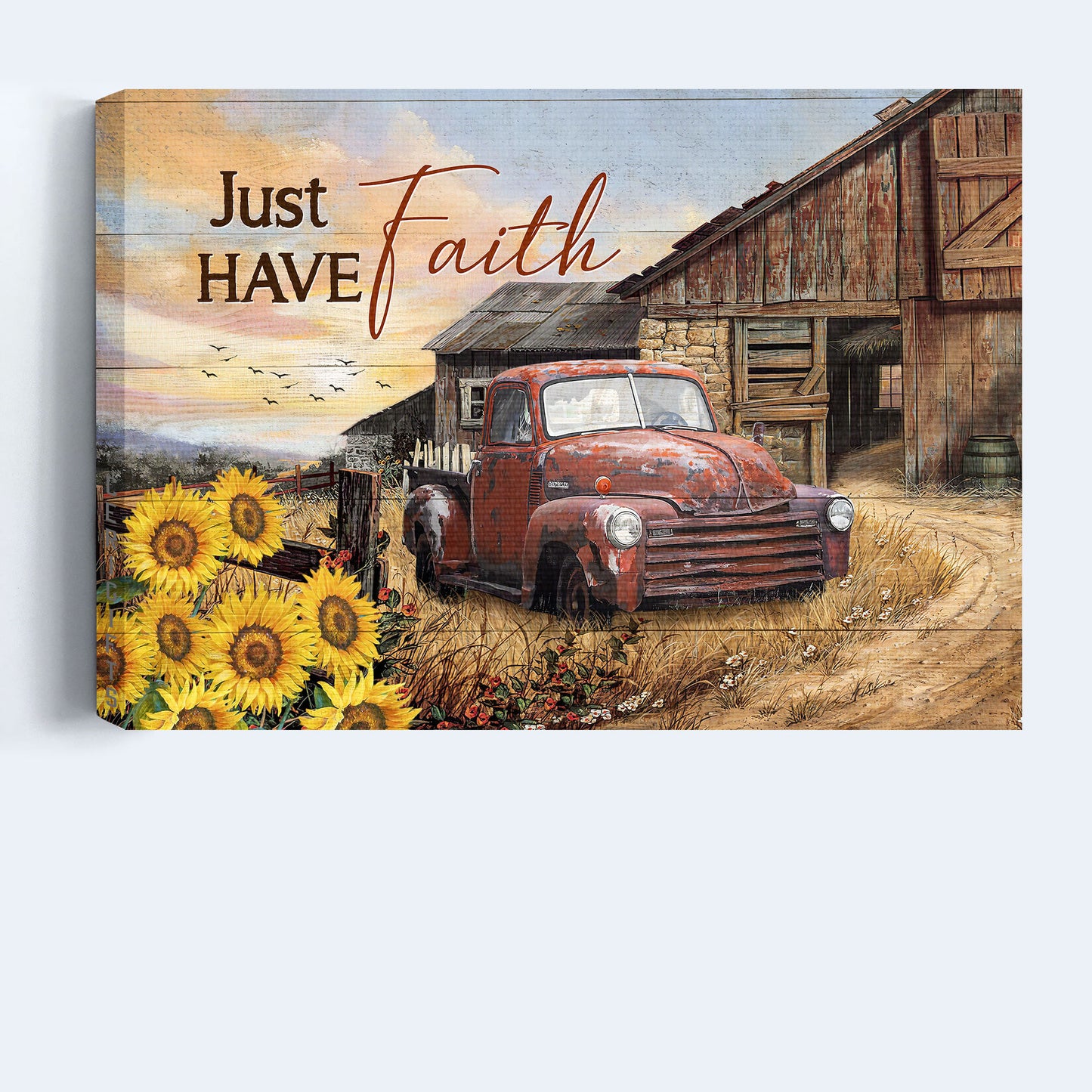 Jesus Landscape Canvas - Antique Ladybug Car, Old Farm, Sunflower Garden Landscape Canvas - Gift For Christian - Just Have Faith