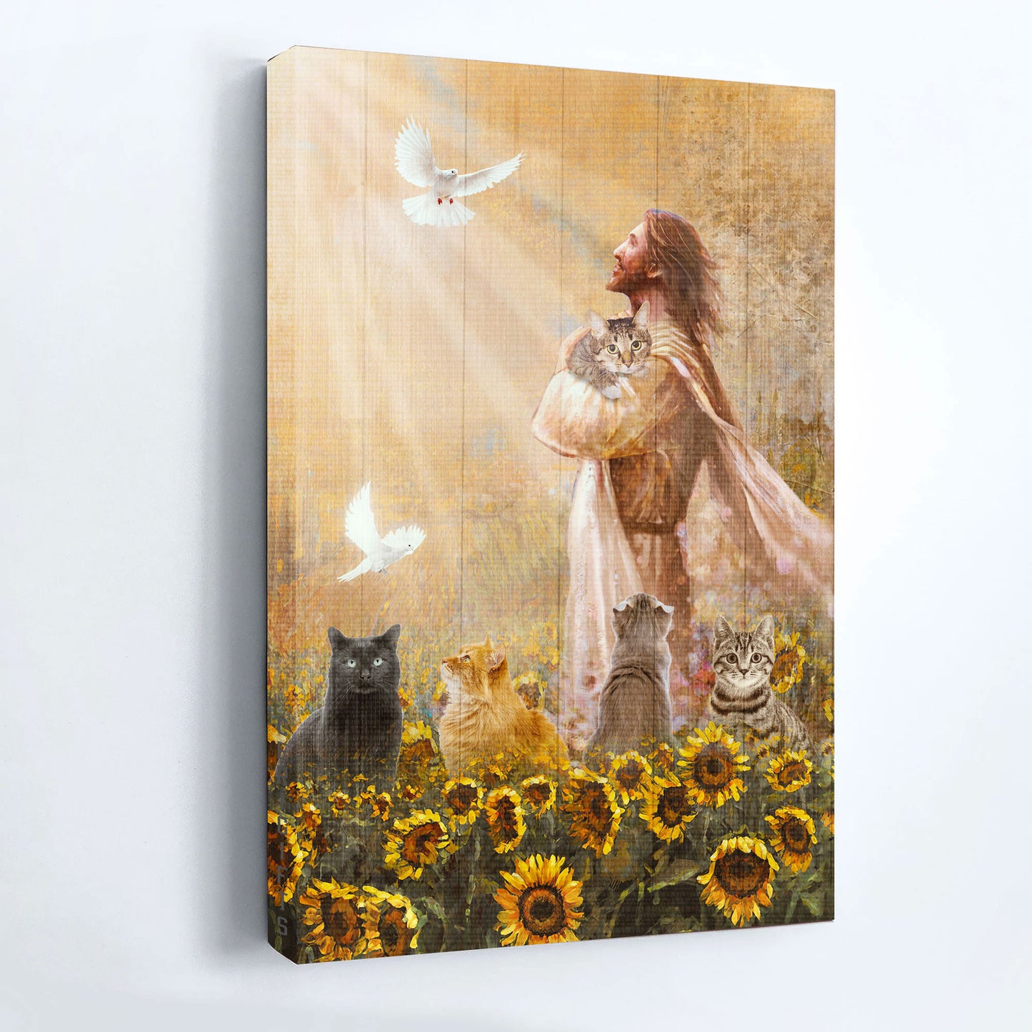 Jesus And Cat Portrait Canvas - The Real Face Of Jesus, Little Cat, Sunflower Garden, Dove Drawing Canvas - Gift For Christian, Cat Lovers