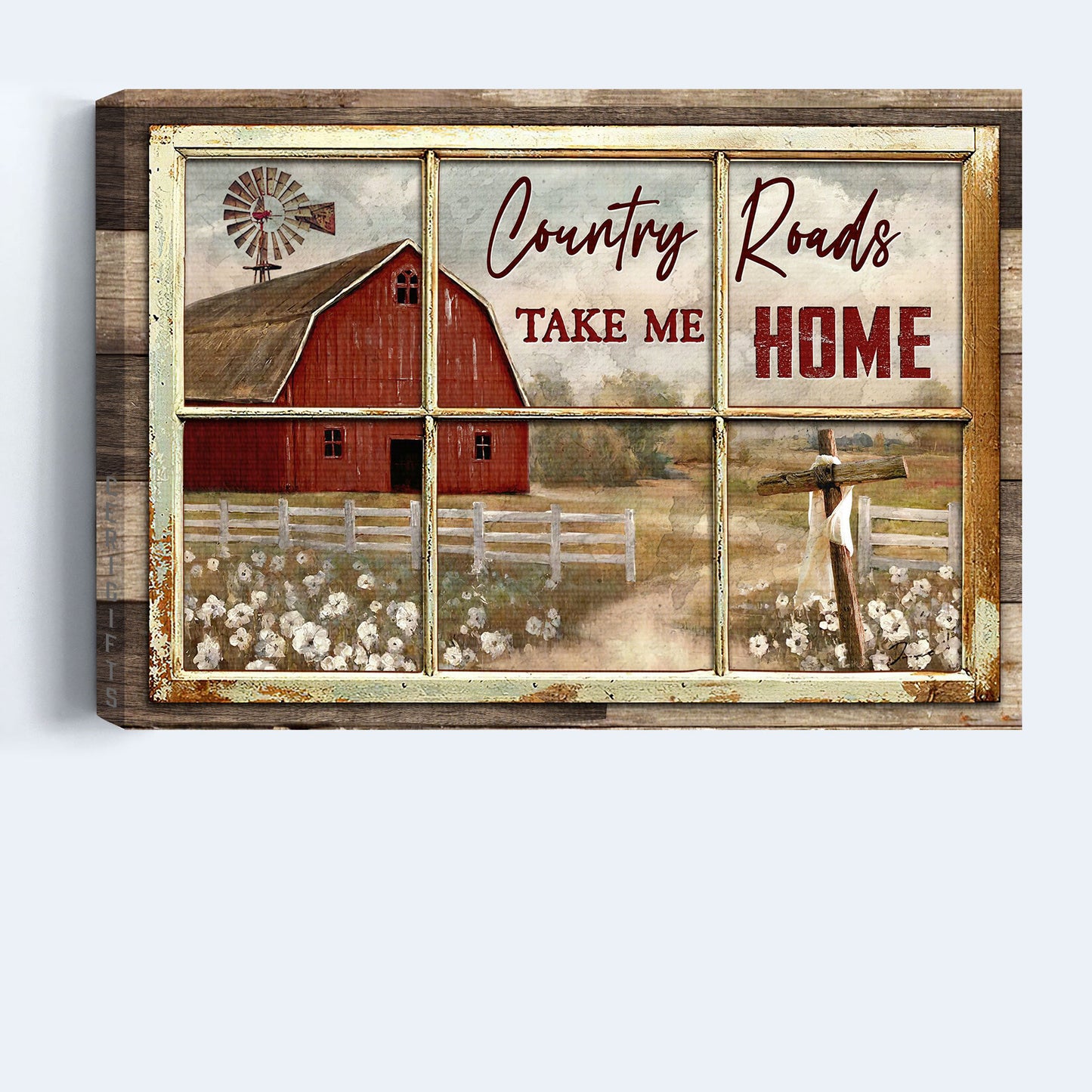 Jesus Landscape Canvas - Antique window, White poppy, Red house Landscape Canvas - Gift For Christian - Country roads take me home