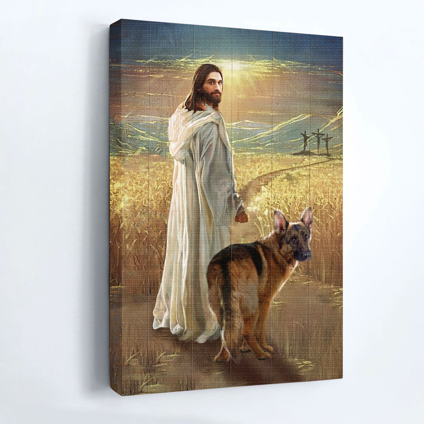 Jesus And German Shepherd Dog Portrait Canvas - Walking With Jesus, Rice Field, German Shepherd, Sunny Day Canvas - Gift For Christian, Dog Lovers