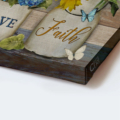 Jesus Landscape Canvas - Blue hydrangea, Sunflower, Rustic flower pot, Watercolor butterfly Landscape Canvas - Gift For Christian -  Just have faith Landscape Canvas