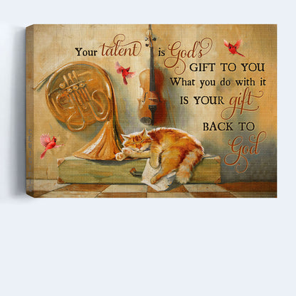 Jesus And Cat Landscape Canvas - Vintage Violin, Sleeping Cat, Red Cardinal Canvas - Gift For Christian, Cat Lovers - Your Talent Is God's Gift To You