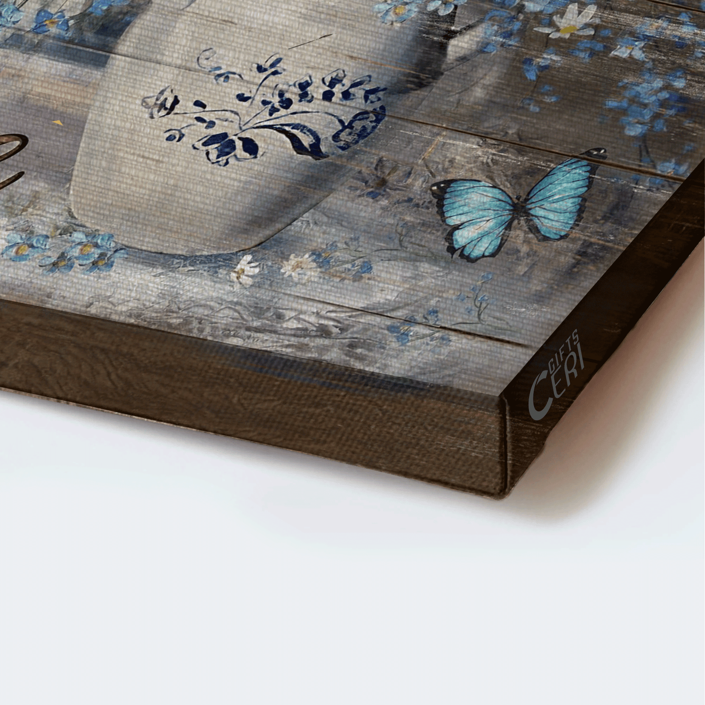 Jesus Landscape Canvas - Blue flower vase, Daisy drawing, Blue butterfly, Vintage painting Landscape Canvas - Gift For Christian - Just breathe Landscape Canvas