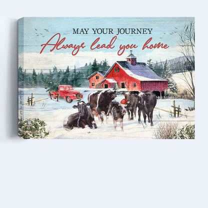 Jesus Landscape Canvas - Angus Aberdeen, Winter farm, Red barn Landscape Canvas - Gift For Religious Christian - May your journey always lead you home