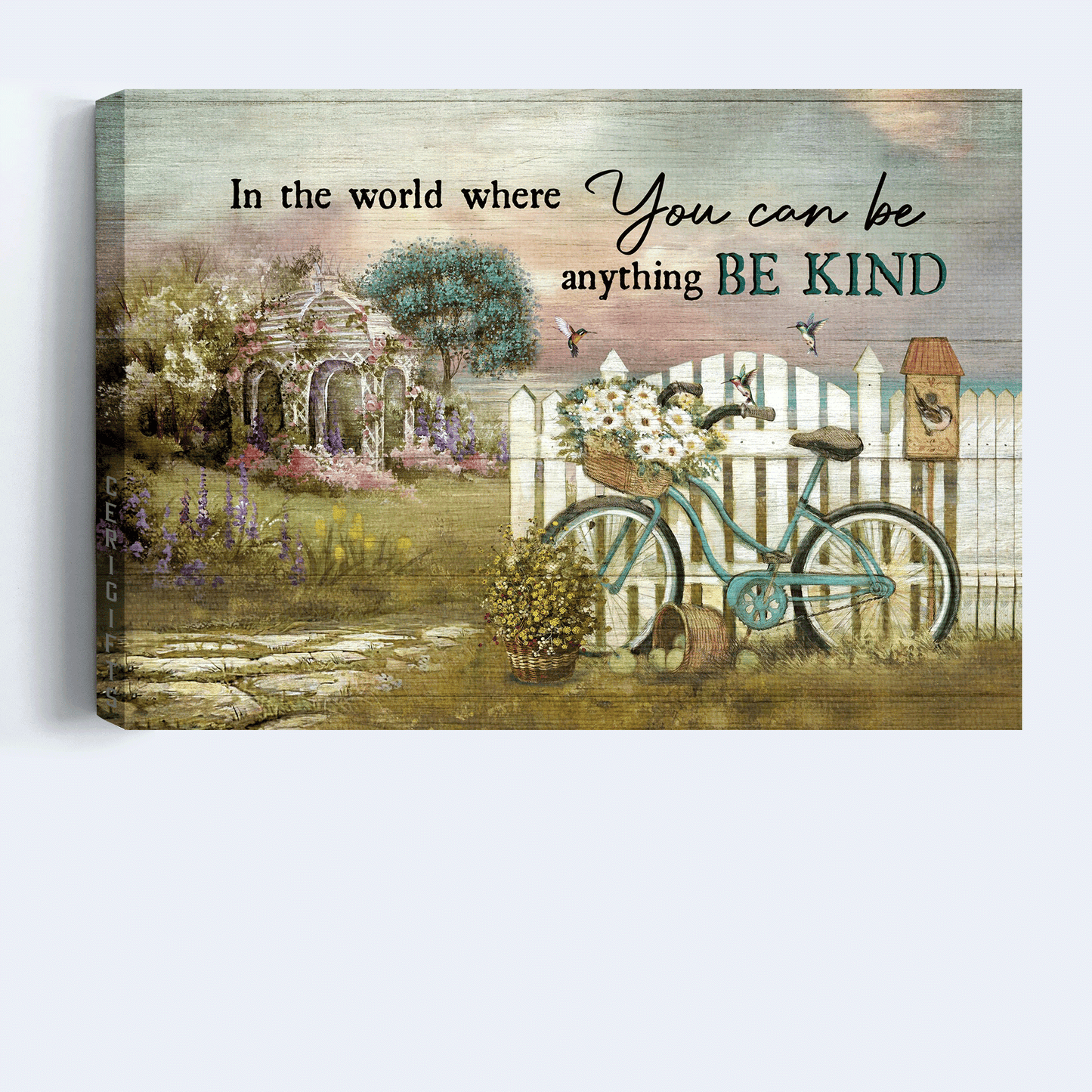 Jesus Landscape Canvas - Bicycle drawing, Daisy flower, Wicker baskets, Pergola with wisteria Landscape Canvas - Gift For Christian - Be kind
