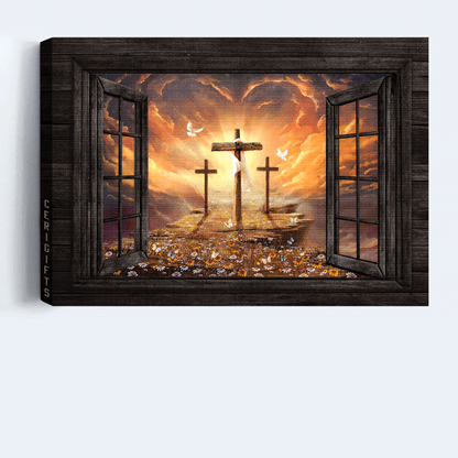 Jesus Landscape Canvas- Black window frame, Sunset painting, The three crosses - Gift for Christian - Landscape Canvas Prints, Christian Wall Art