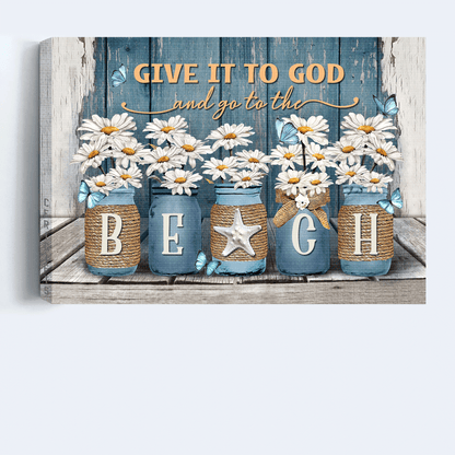 Jesus Landscape Canvas- Daisy painting, Blue butterfly canvas- Gift for Christian- Give it to God and go to the beach