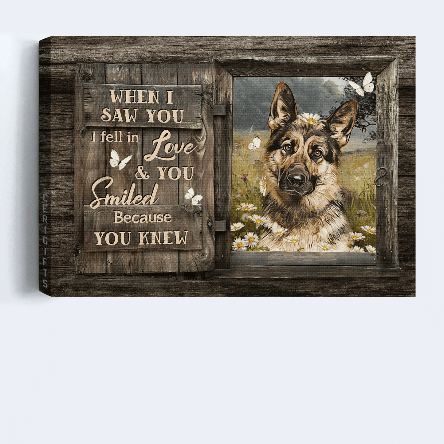 Jesus Landscape Canvas- Beautiful German Shepherd, Daisy field, White butterfly canvas- Gift for Christian- When I saw you, I fell in love