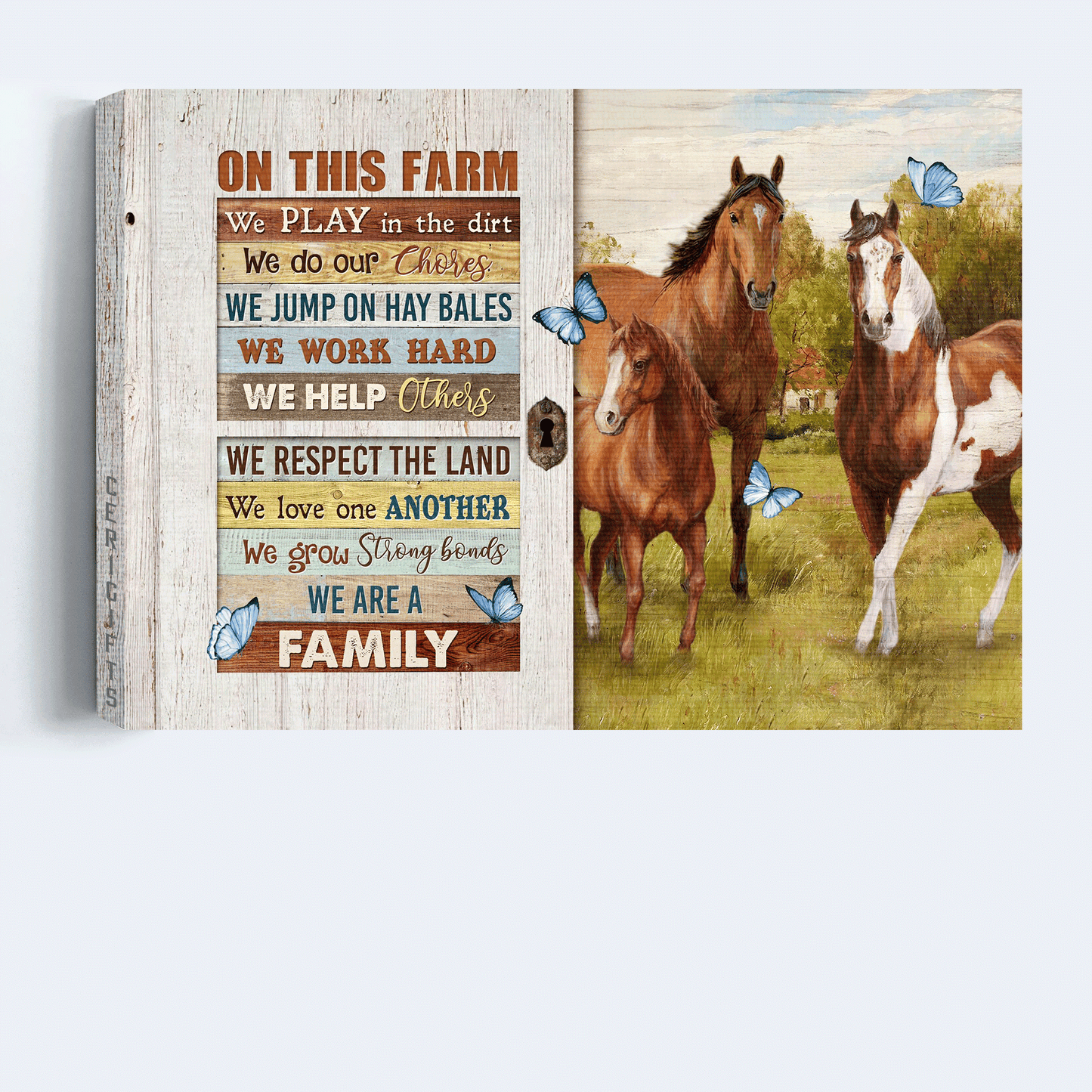 Jesus Landscape Canvas- Beautiful horse drawing, Green meadow, Blue butterfly canvas- Gift for Christian- On this farm we play in the dirt
