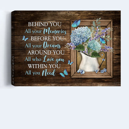 Jesus Landscape Canvas - Blue hydrangea, Flower vase, Blue butterfly Landscape Canvas - Gift For Christian - Behind you, All your memories Landscape Canvas