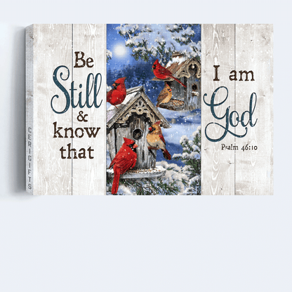Jesus Landscape Canvas- Blue night, Cardinal drawing, Birdhouse canvas- Gift for Christian- Be still and know that I am God - Landscape Canvas Prints, Christian Wall Art