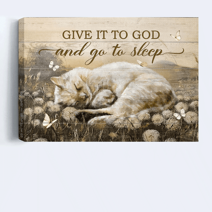 Jesus Landscape Canvas- Dandelion field painting, Sleeping cat, Butterfly canvas- Gift for Christian- Give it to God and go to sleep