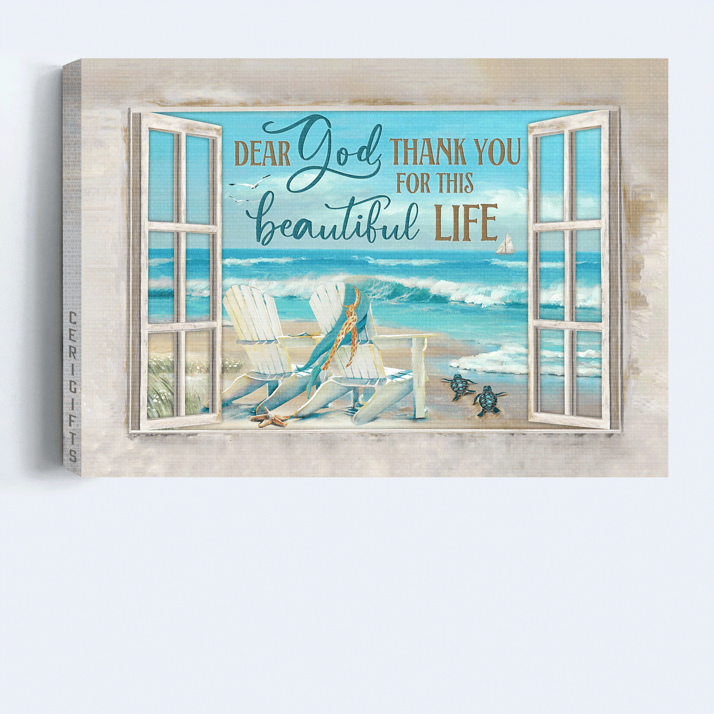 Jesus Landscape Canvas- Blue ocean drawing, White chairs, Turtle canvas- Gift for Christian- Thank you for this beautiful life - Landscape Canvas Prints, Christian Wall Art