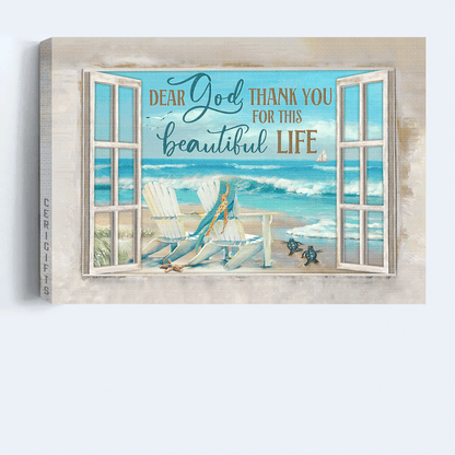 Jesus Landscape Canvas- Blue ocean drawing, White chairs, Turtle canvas- Gift for Christian- Thank you for this beautiful life - Landscape Canvas Prints, Christian Wall Art