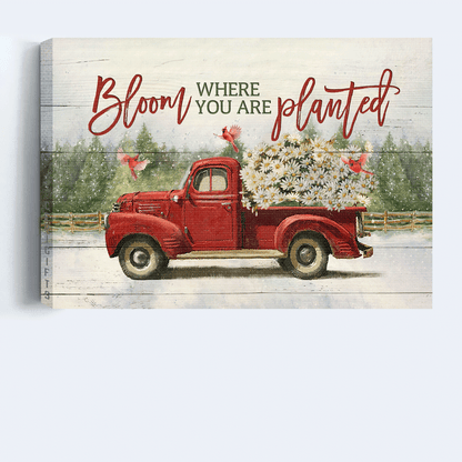Jesus Landscape Canvas- Daisy flower, Red truck drawing, Red cardinal canvas- Gift for Christian- Bloom where you are planted