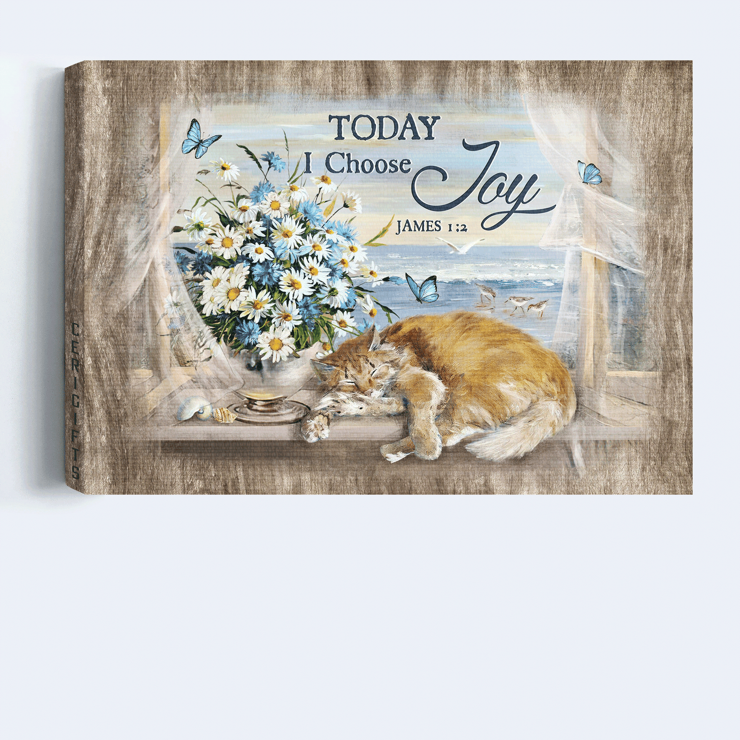 Jesus Landscape Canvas - Ocean painting, Sleeping cat, Daisy vase Landscape Canvas - Gift For Christian - Today I choose joy Landscape Canvas