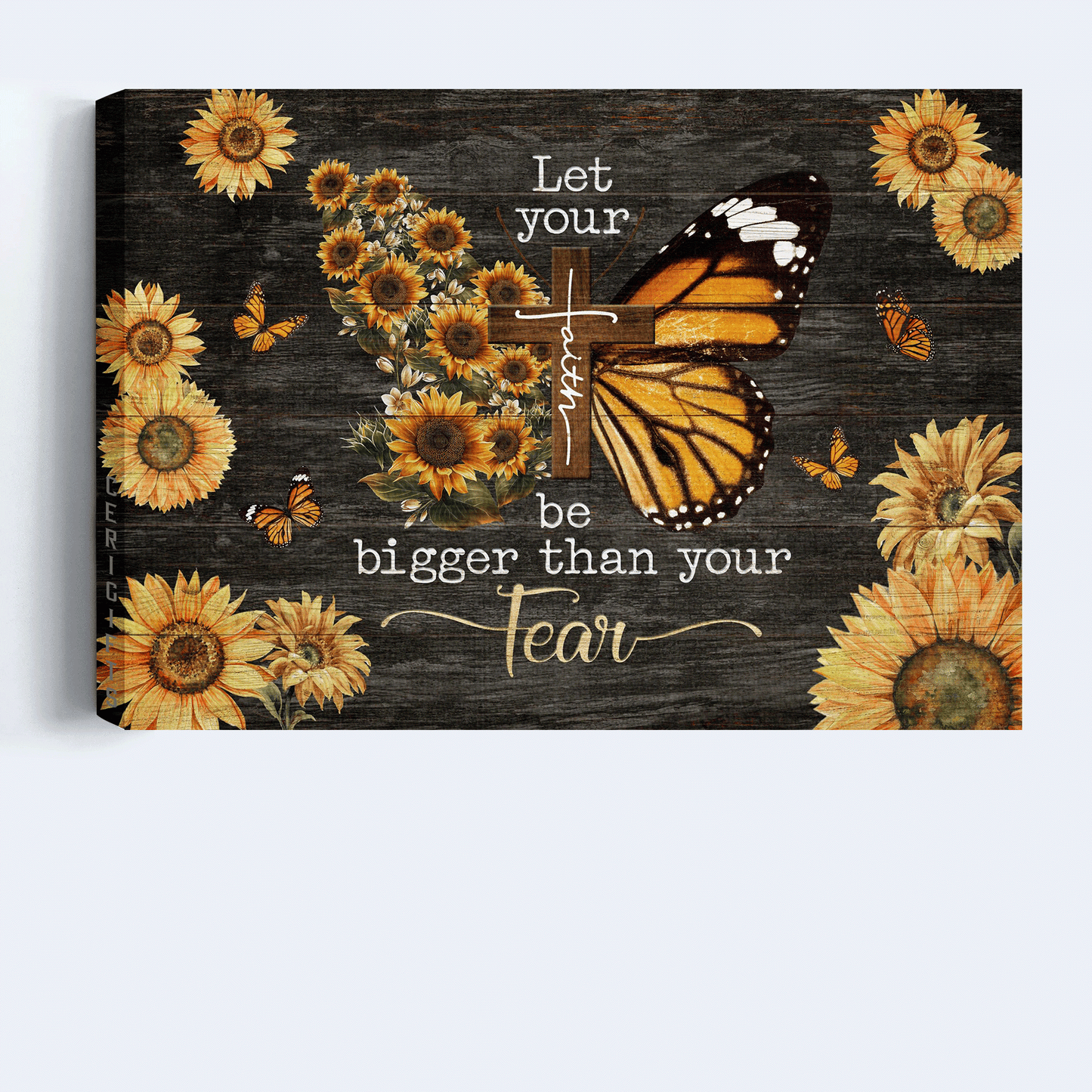 Jesus Landscape Canvas - Sunflower And Butterfly, Wooden Cross Canvas - Gift For Christian - Let Your Faith Be Bigger Than Your Fear Canvas